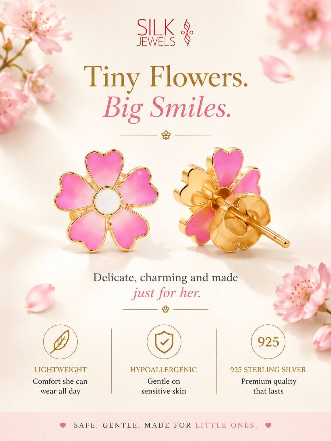 Pink and gold flower earrings for women and kids.