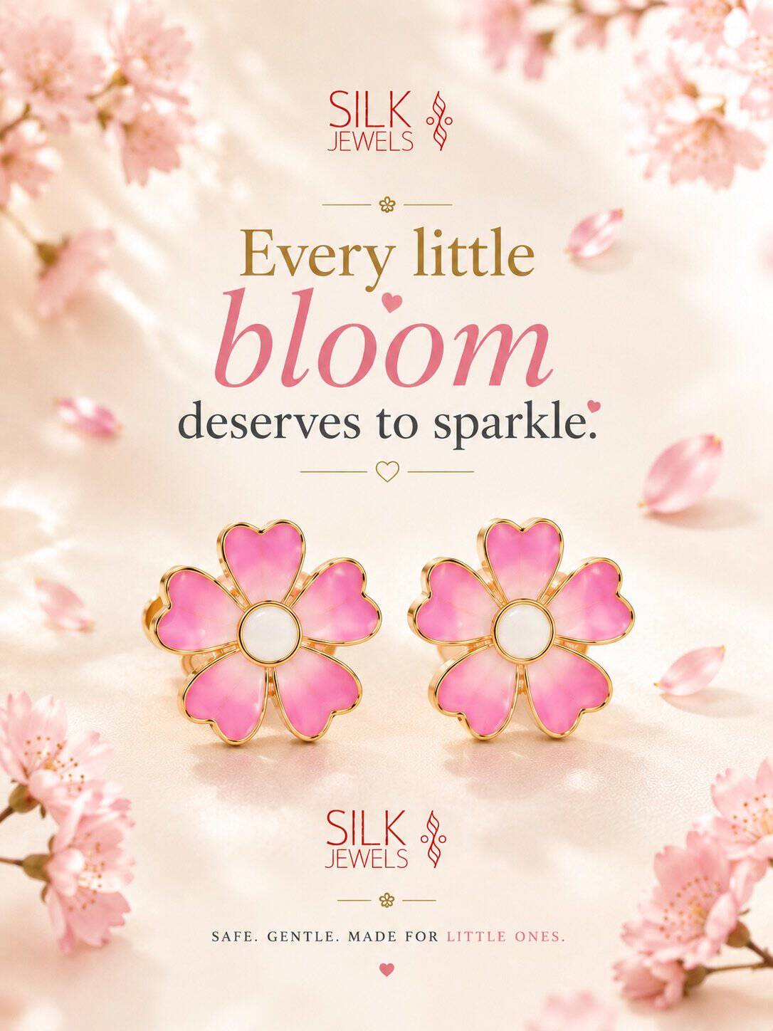 Pink flower earrings with gold trim from SILKJEWELS.