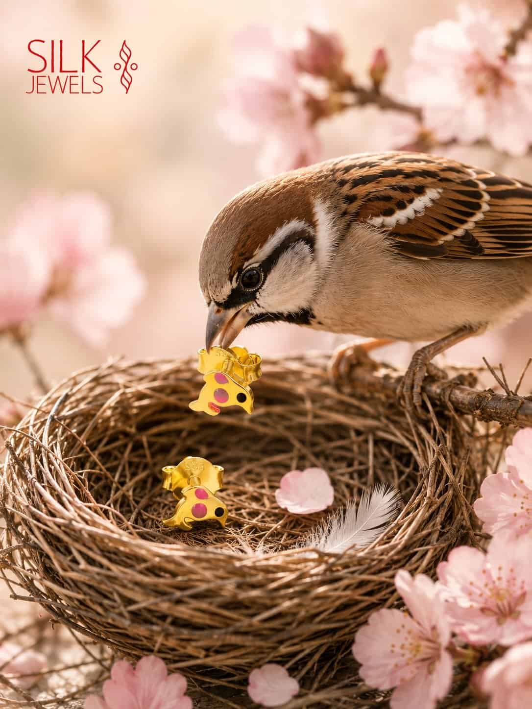 Close-up of a bird holding yellow silver earrings in a nest.
