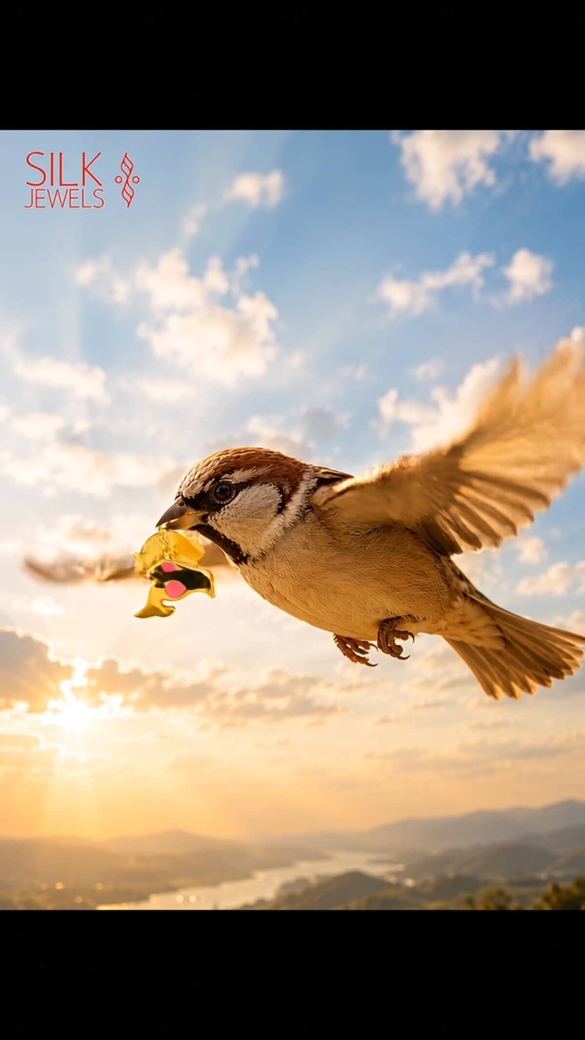 Bird flying with a jewelry piece in beak against sunset sky.