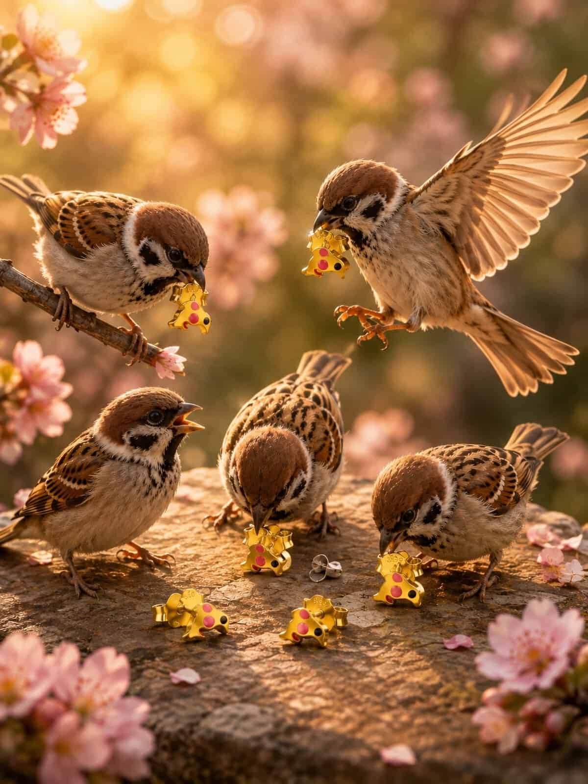 Group of chickadees eating yellow flower seeds on a tree branch.