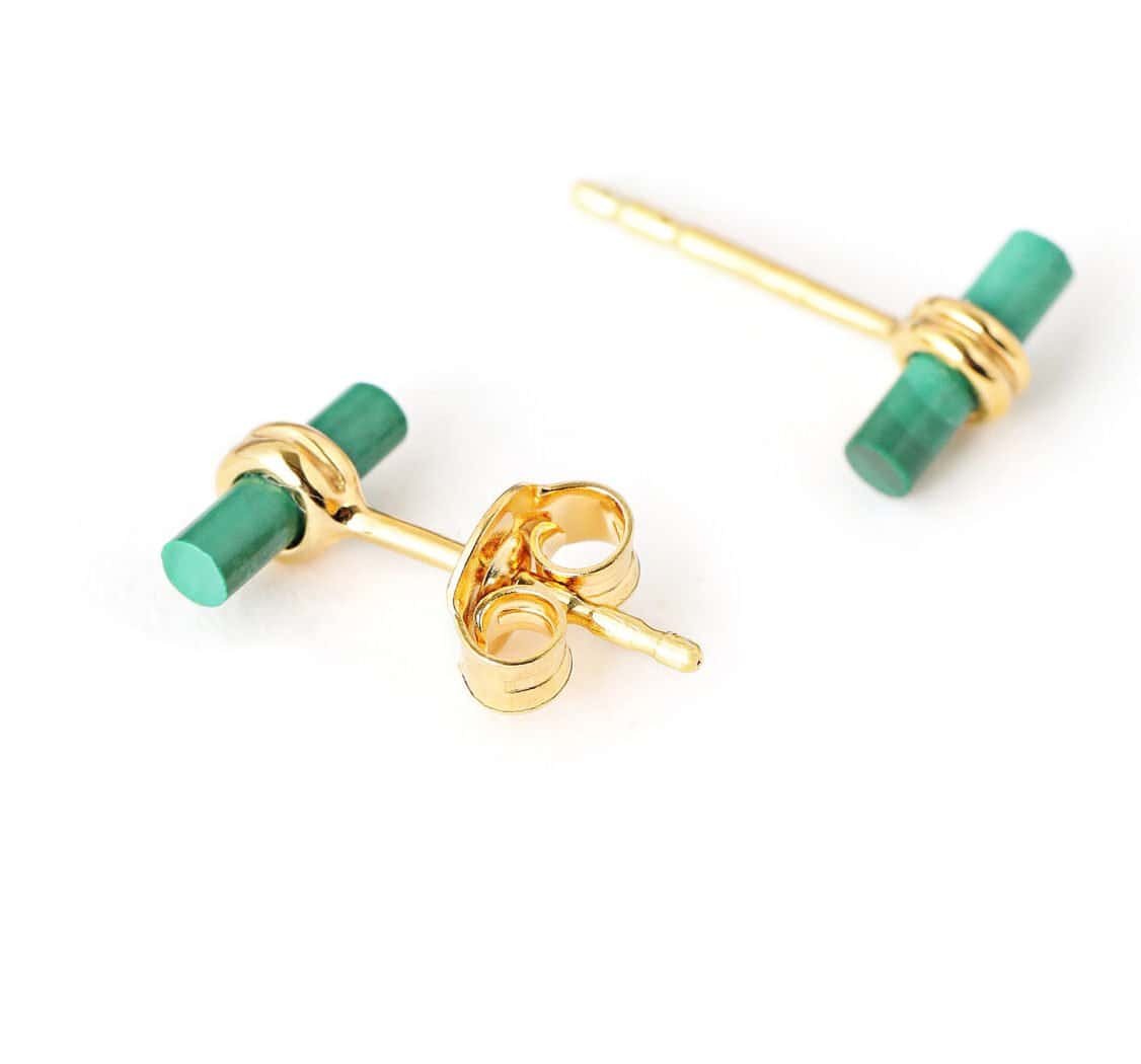 Green Log Earrings - Minimal Sterling Silver Jewelry Sterling silver earrings with green log design, gold accents, perfect for women, teens, and kids. El.