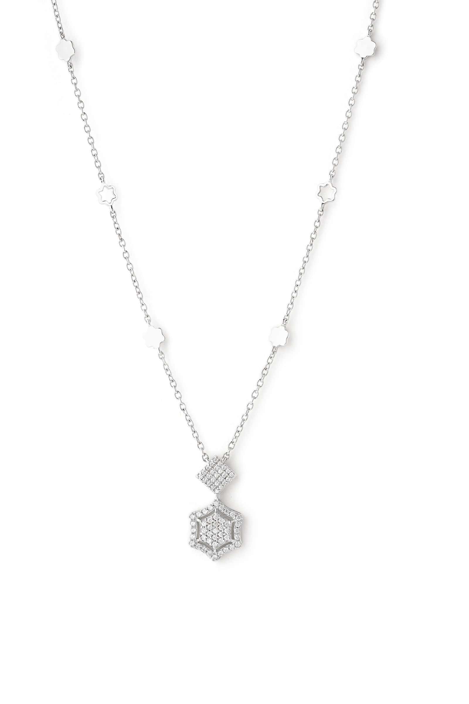 Hexa Sterling Silver Necklace Elegant sterling silver Hexa necklace with geometric design and sparkling accents.