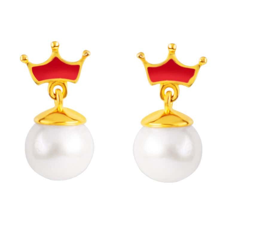Pearl Crown Earrings for Kids Kids Pearl Crown Earrings with gold-tone crown and white pearl drop.