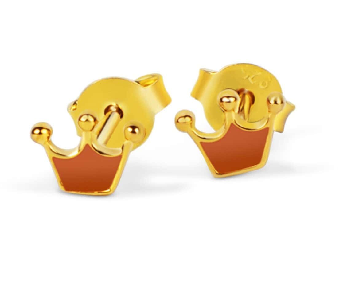 Kids Crown Earrings - Gold Plated Sterling Silver Jewelry Shaped earrings for kids, crafted in 925 sterling silver with a gold plating finish. Perfect for you.