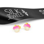Shaped earrings in silver with pink enamel frosting, perfect for children and teens.