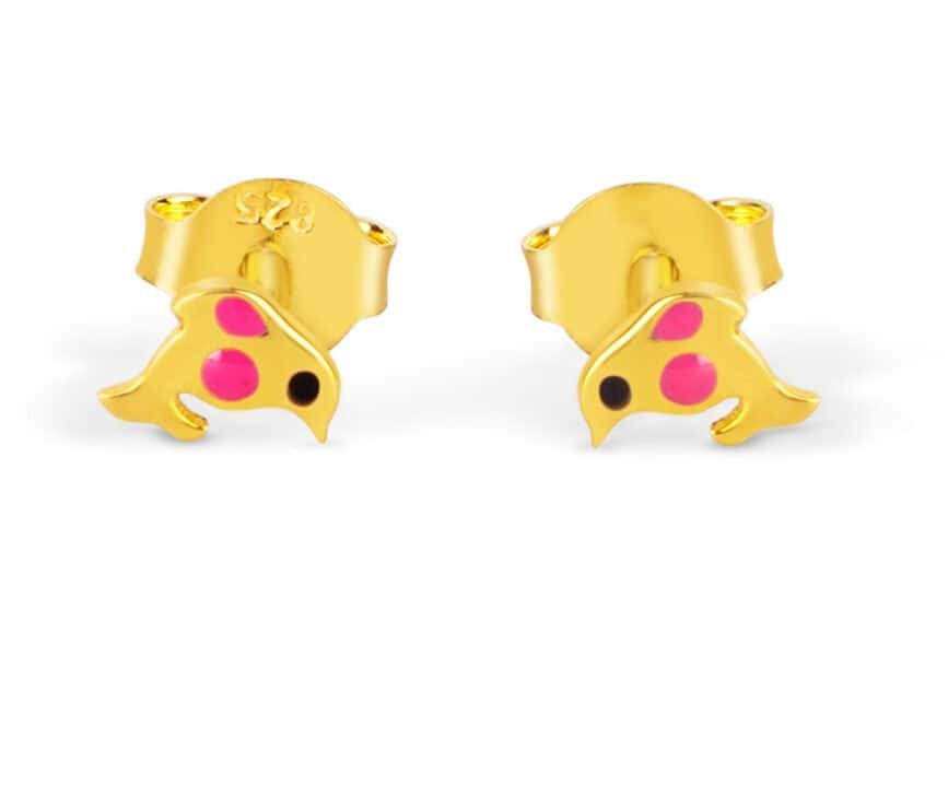 Kids Bird Earrings - Gold Plated Sterling Silver Jewelry Shaped earrings with pink accents, perfect for kids and teens. Elegant and playful design in 925 ste.
