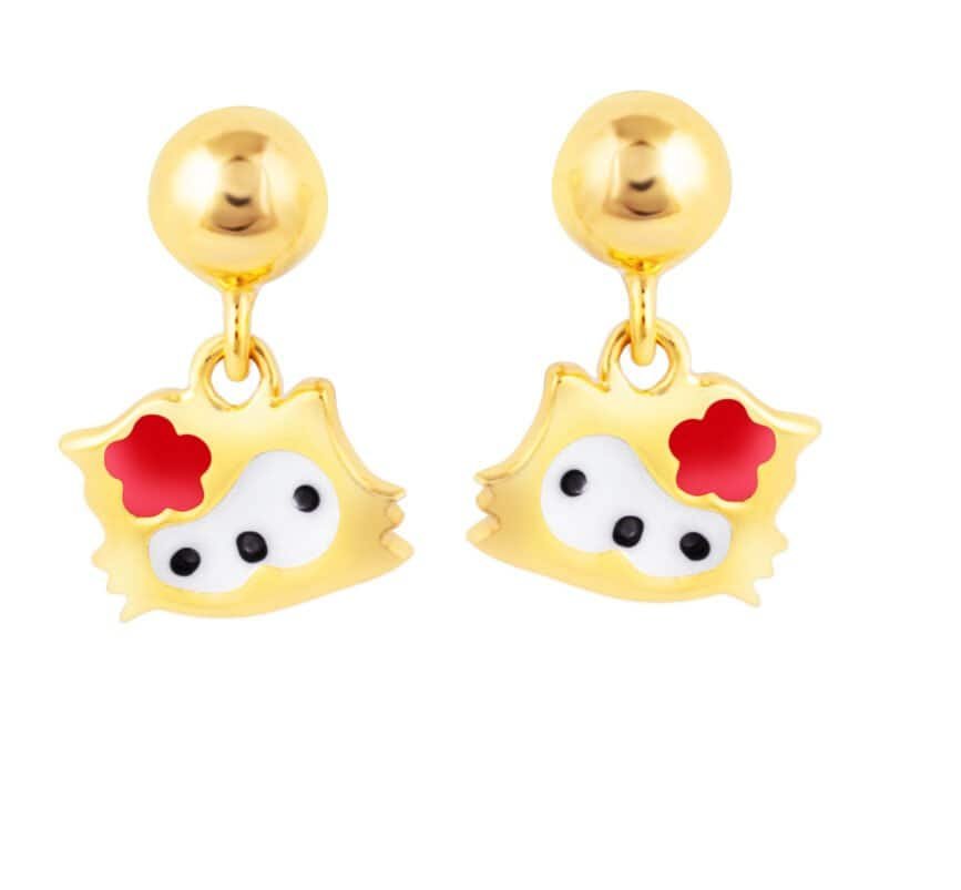 Kids Kitty Earrings - Gold and Enamel Design Kids kitty earrings with red and white enamel accents, crafted in 925 sterling silver with a gold fi.