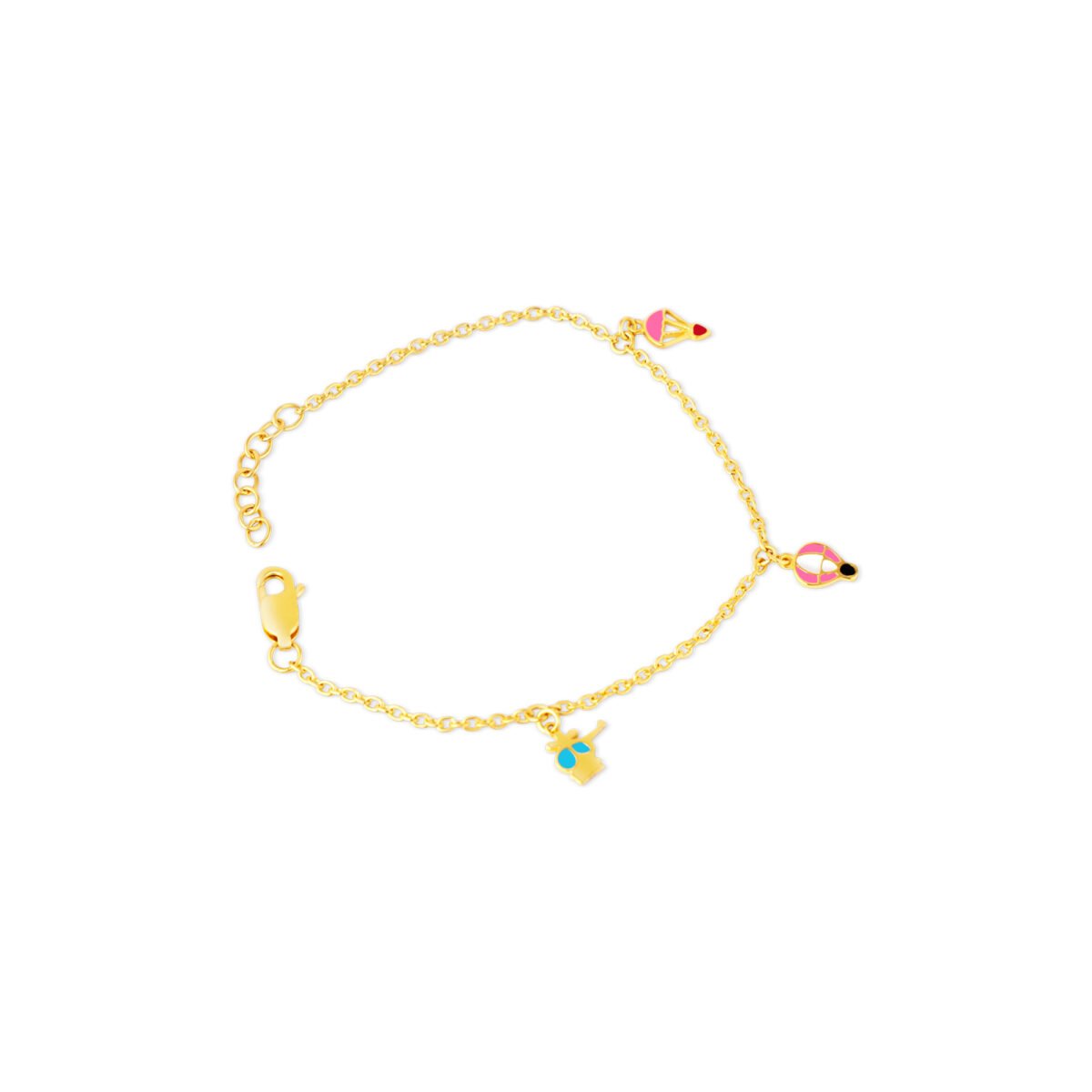 Delicate gold chain bracelet with colorful hot air balloon charms, perfect for children and teens.