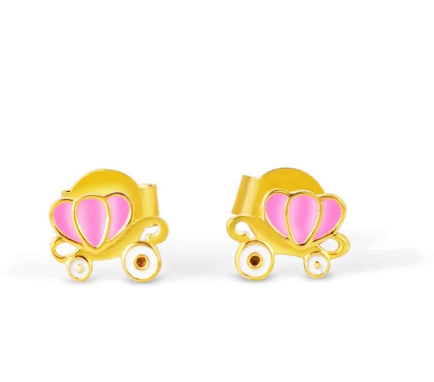 Cinderella Carriage Kids Earrings Plated earrings featuring pink heart-shaped carriage design for children. Perfect for young girls an.