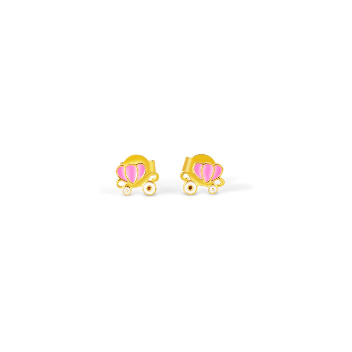 Plated earrings featuring pink heart-shaped carriage design, perfect for young girls and teens.
