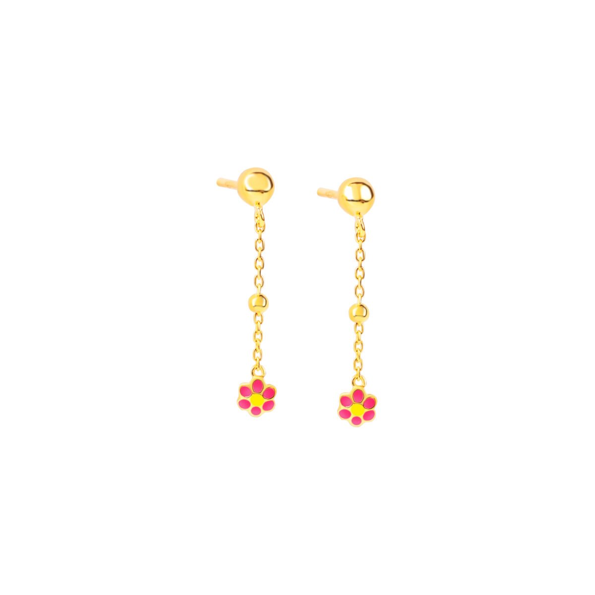 Delicate gold chain earrings with pink flower charms, perfect for kids and teens. Elegant and playfu.
