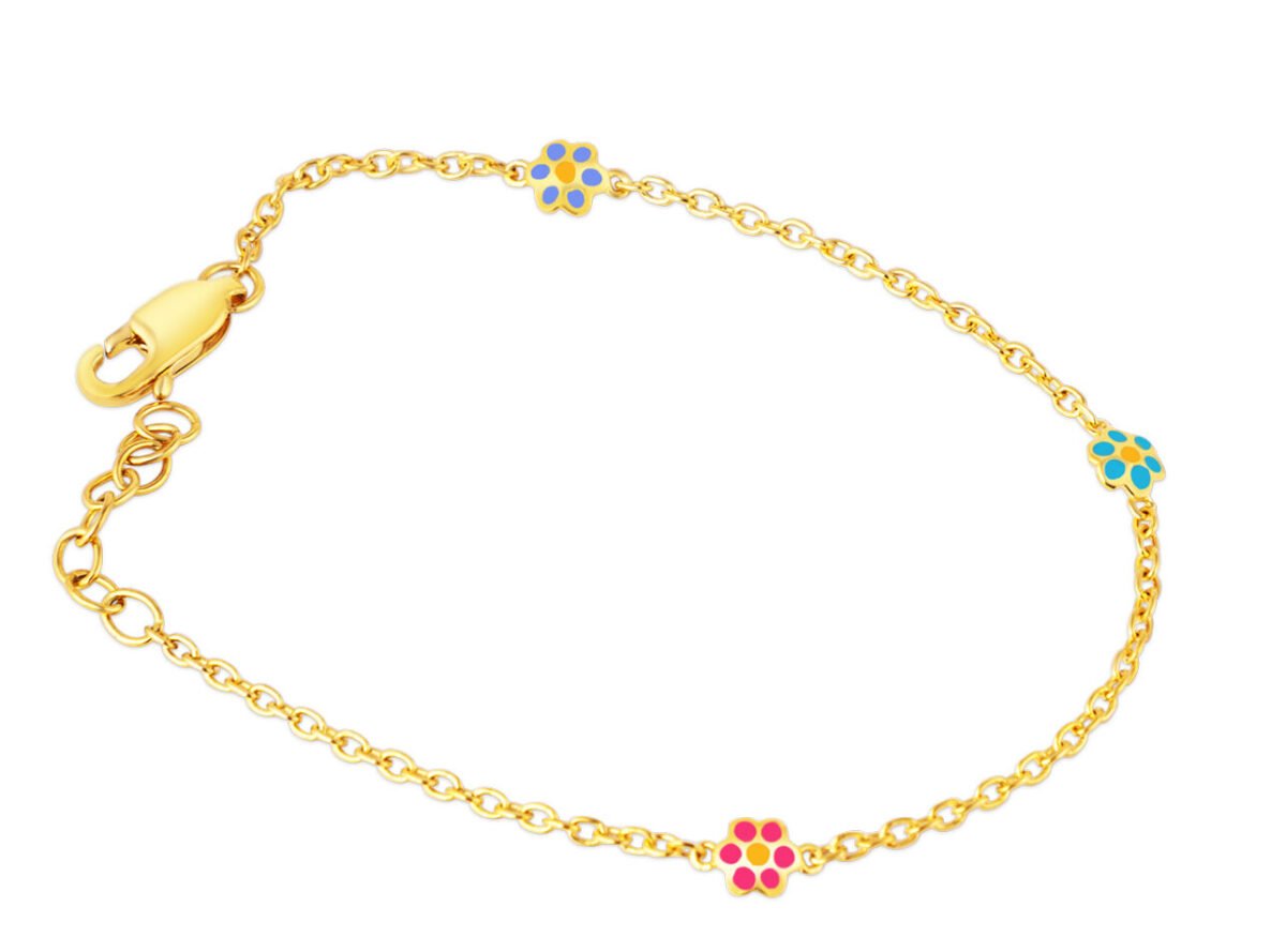 Plated sterling silver bracelet with colorful flower charms for children.