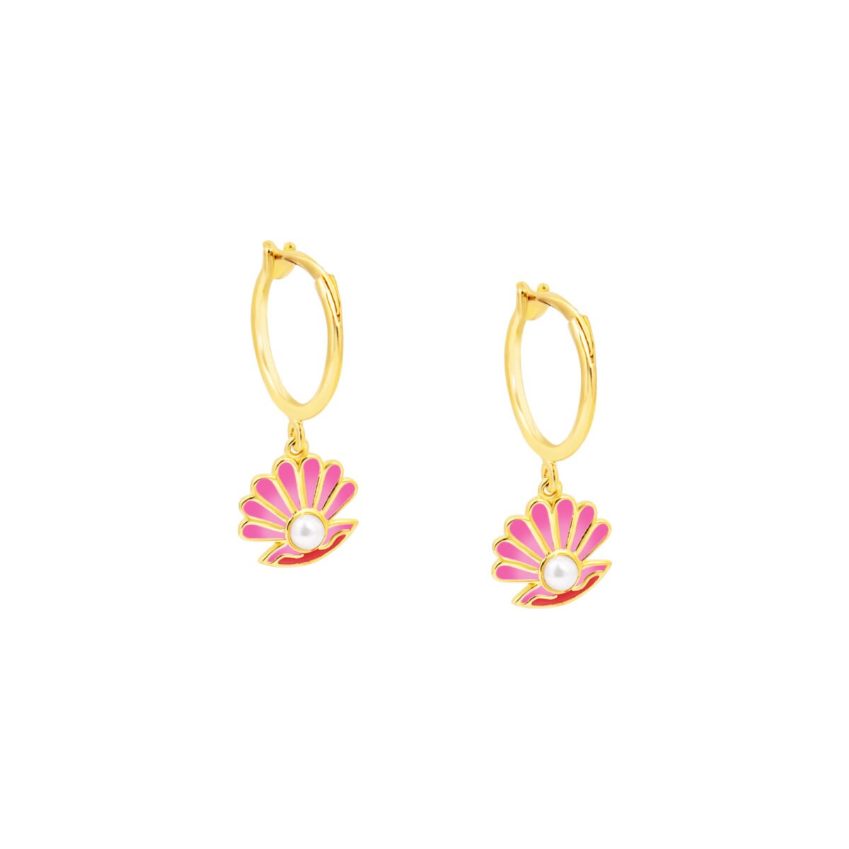 Plated earrings with pink enamel sea shell and pearl accent, perfect for children’s playful elegance.