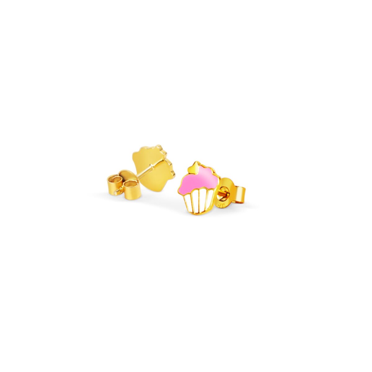 Shaped earrings in gold with pink enamel, perfect for kids and teens. Elegant, minimal jewelry for y.