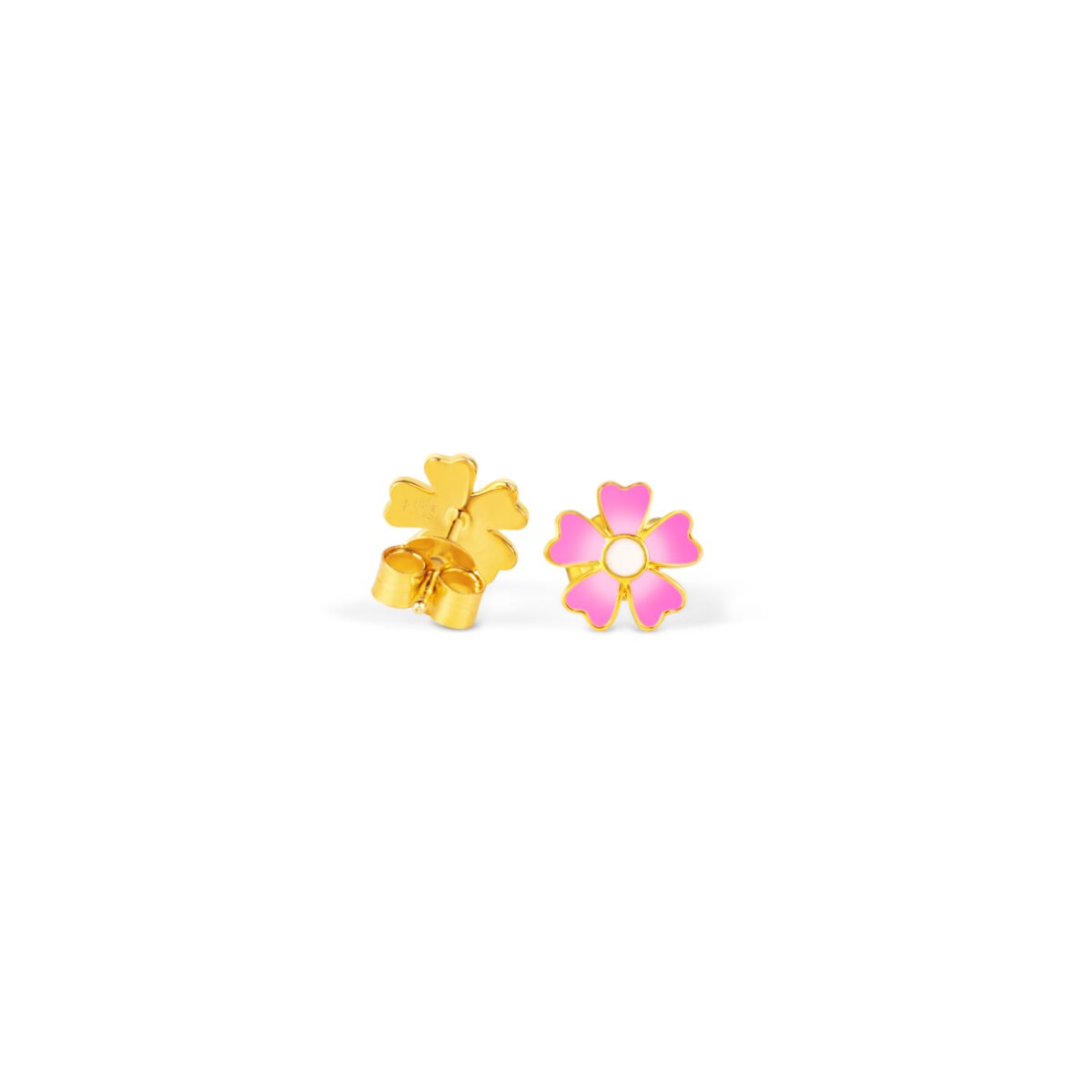 Adorable pink flower earrings with gold accents, perfect for children's jewelry collection. Elegant.