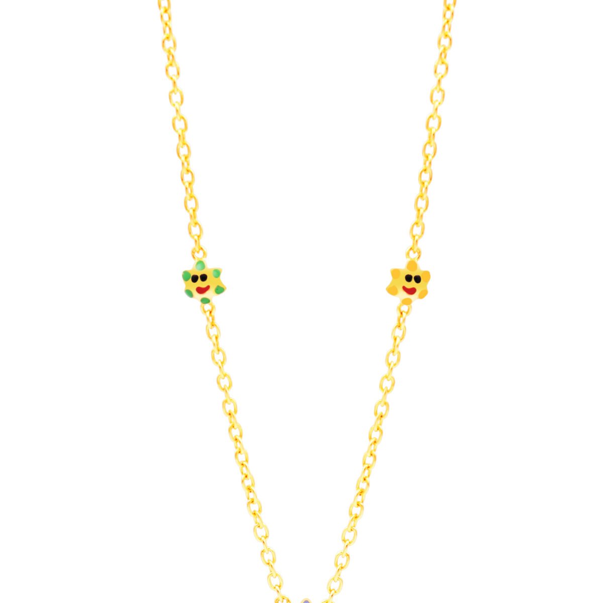 Delicate gold chain with colorful star and smiley face charms, perfect for children.