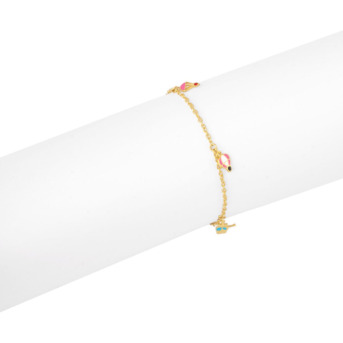 Delicate gold chain bracelet with colorful hot air balloon charms, perfect for children and teens.