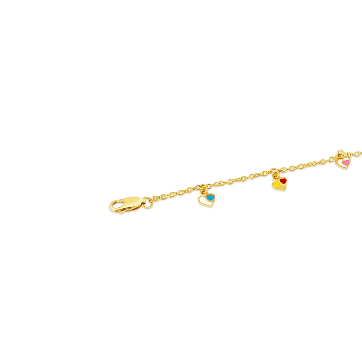 Plated sterling silver kids bracelet with colorful heart charms.