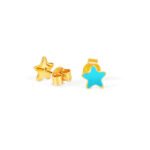 Gold star earrings with blue enamel, designed for children and teens, combining fun and sophisticati.
