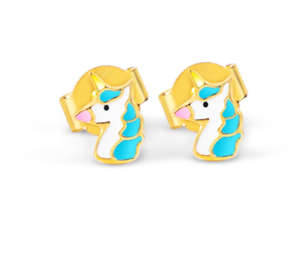 Cute unicorn earrings for kids in gold and enamel.