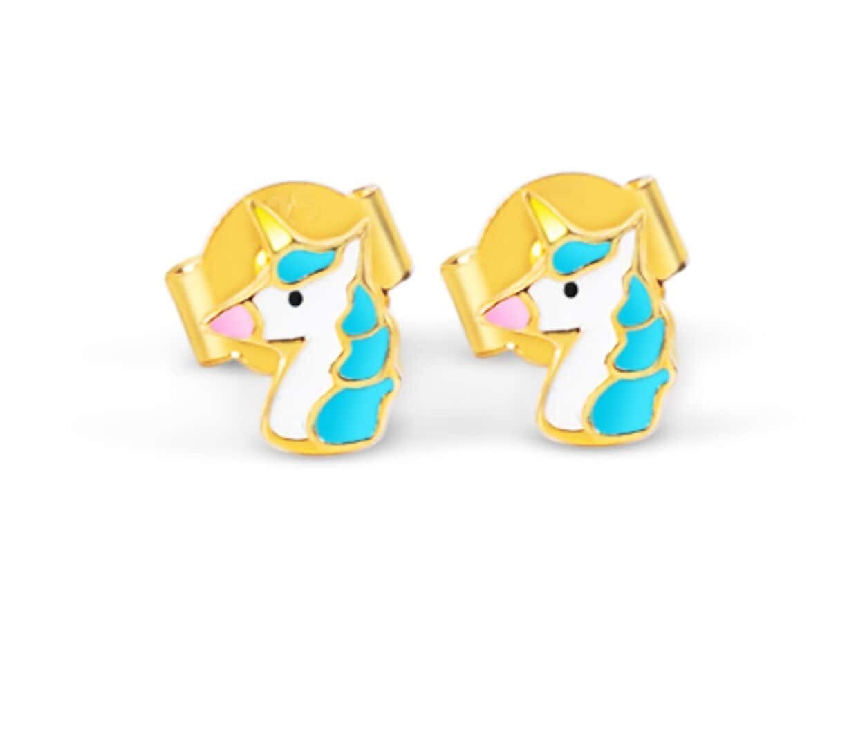 Unicorn Kids Earrings Cute unicorn earrings for kids in gold and enamel.