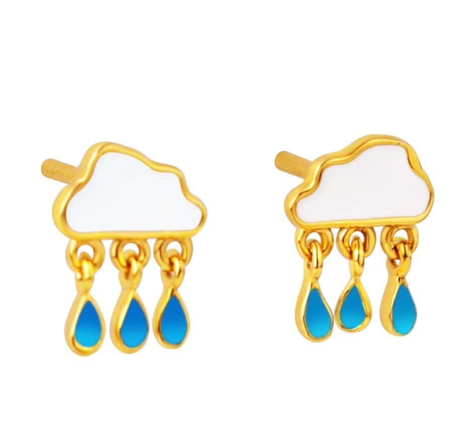 Cloud Earrings for Kids in Gold with Blue Drops Shaped earrings with blue teardrop charms, perfect for children’s delicate and stylish accessories.