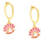 Kids Sea Shell Earrings with pink enamel and pearl detail.