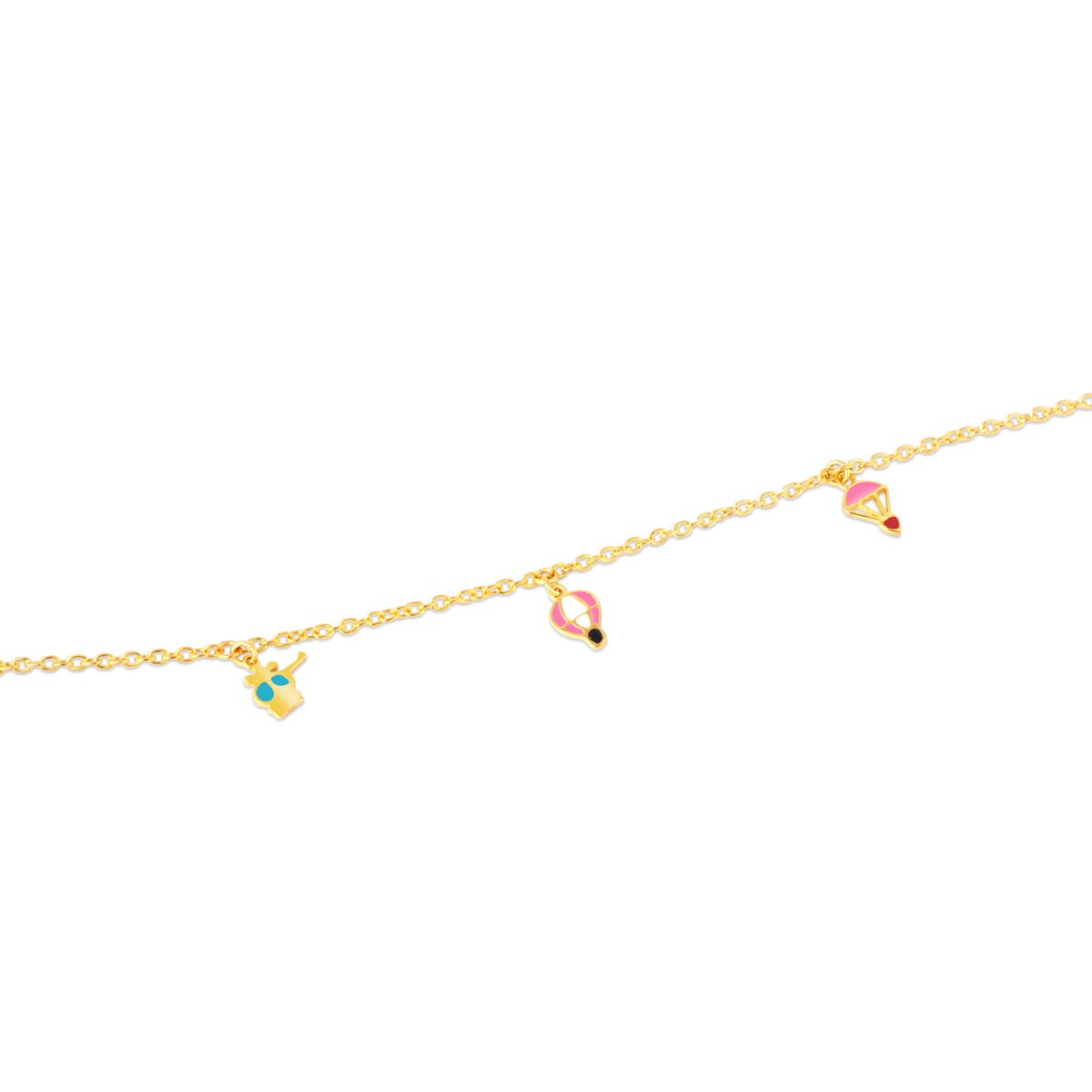 Delicate gold chain bracelet with colorful hot air balloon charms, perfect for children and teens.