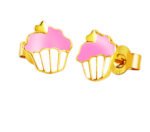Shaped stud earrings with pink enamel frosting and gold accents, perfect for kids and teens.