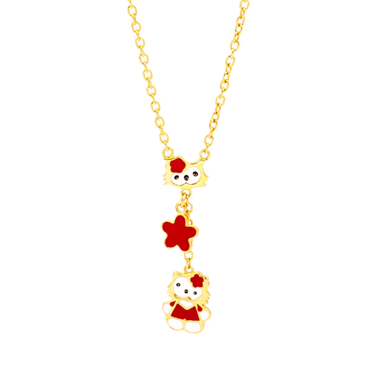 Kitty necklace with adorable cat and flower charms in gold tone.