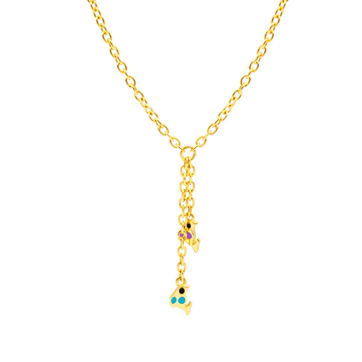 Elegant sterling silver necklace with colorful bird charms for children.