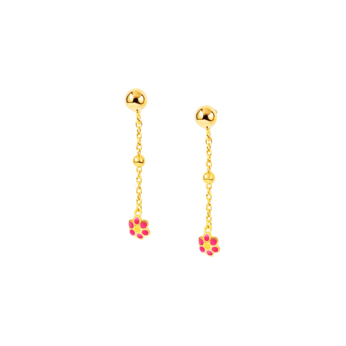 Delicate gold chain earrings with pink flower charms, perfect for kids and teens. Elegant sterling s.
