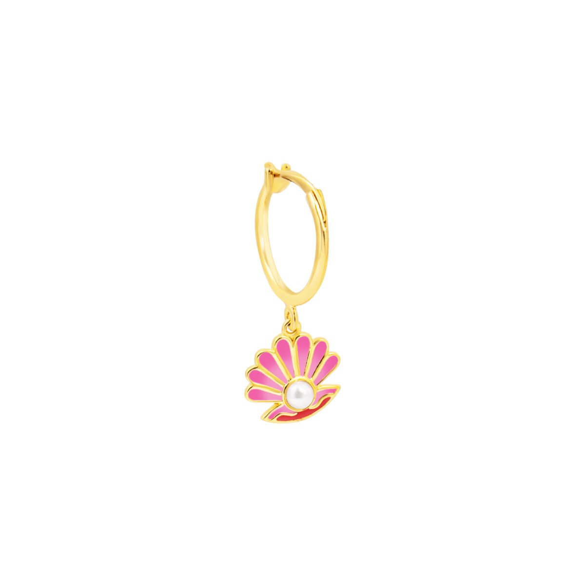 Delicate gold hoop earring with a pink enamel sea shell and pearl charm, perfect for kids and teens.