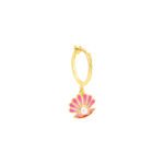 Delicate gold hoop earring with a pink enamel sea shell and pearl charm, perfect for kids and teens.