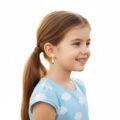 Cute girl wearing gold-plated air balloon earrings for kids.
