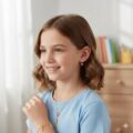 Cute girl wearing delicate air balloon earrings for kids.