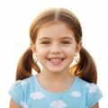 Cute girl wearing delicate hot air balloon earrings for kids.