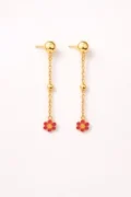 Delicate gold chain earrings with pink flower charms for kids.