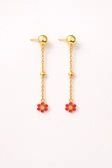 Delicate gold chain earrings with pink flower charms for kids.