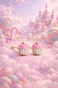 Cute cupcake-shaped earrings with pink enamel and gold accents for children.