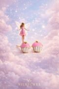 A fairy figure standing on cupcake-shaped earrings in a dreamy sky setting.