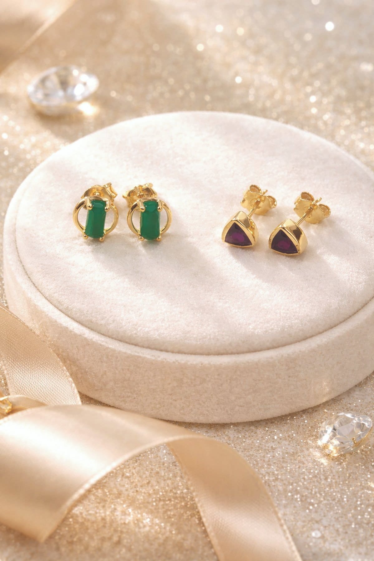 Sterling silver earrings with green and purple gemstones, perfect for young girls and teens.