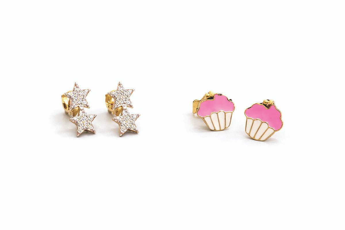 Shaped and cupcake-shaped earrings with gold-tone finish and pink enamel details.
