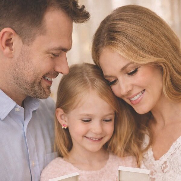 Delighted family sharing jewelry gifts, showcasing minimal sterling silver pieces for girls and wome.