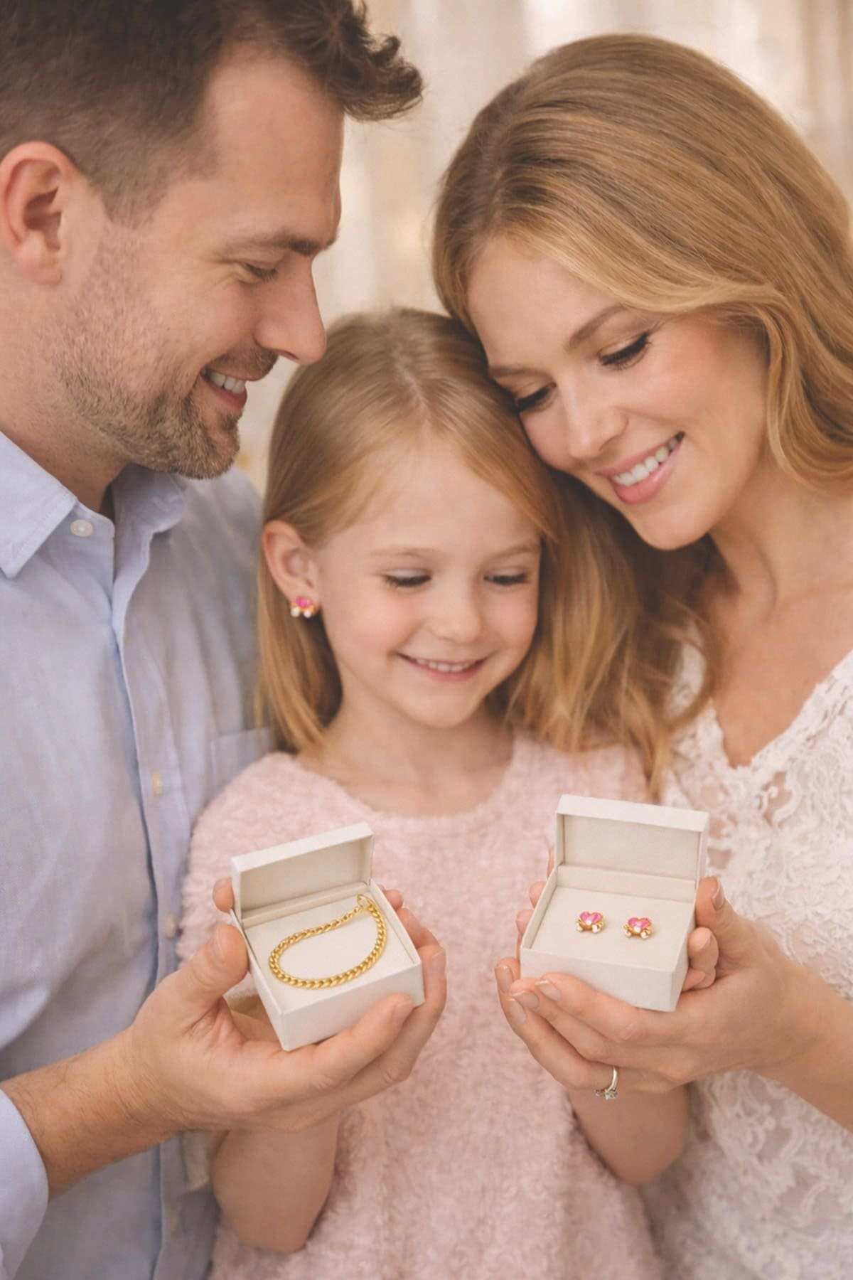 Delighted family sharing jewelry gifts, showcasing minimal sterling silver pieces for girls and wome.