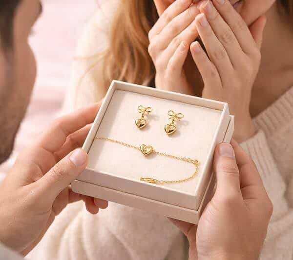 Woman surprised with silver jewelry gift set including earrings and bracelet.