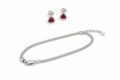 Silver necklace and earrings with red triangular stones for women.