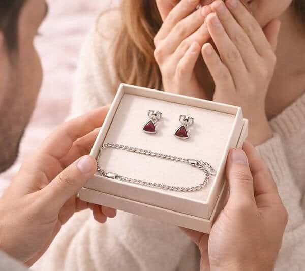 Woman receiving silver jewelry gift set with earrings and bracelet.