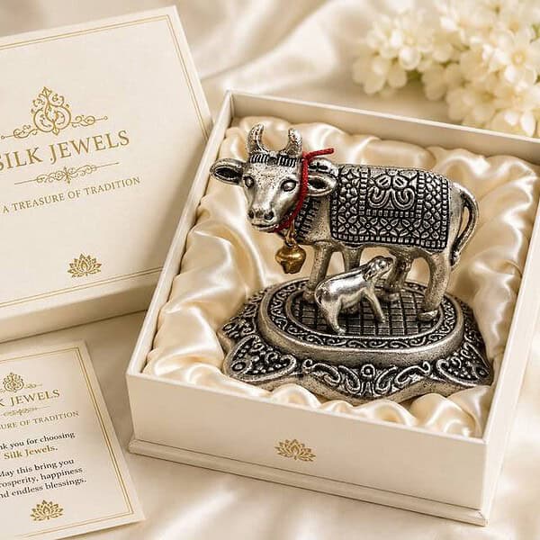 Elegant silver cow jewelry figurine in gift box for women and teens.
